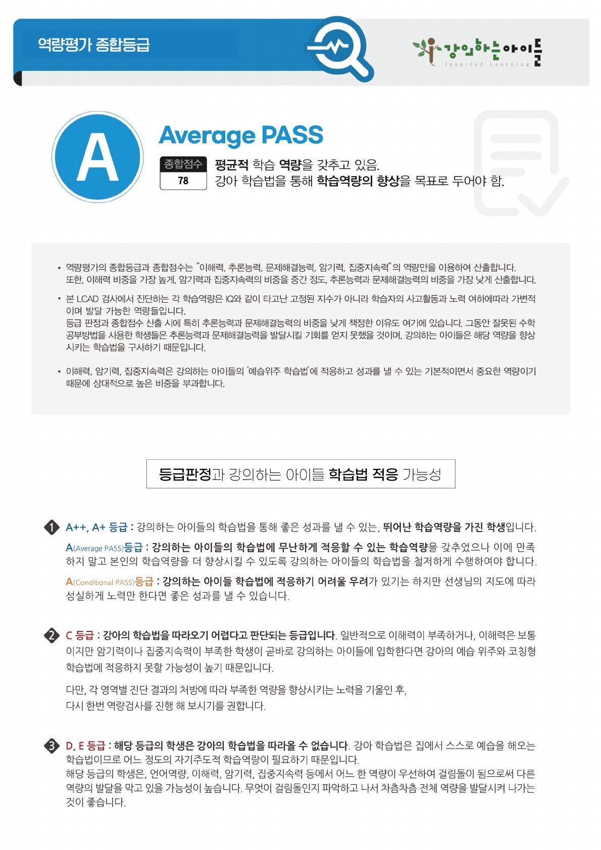 LCAD 진단 보고서 종합등급 예시 — 강의하는아이들 학습법 적응 가능성