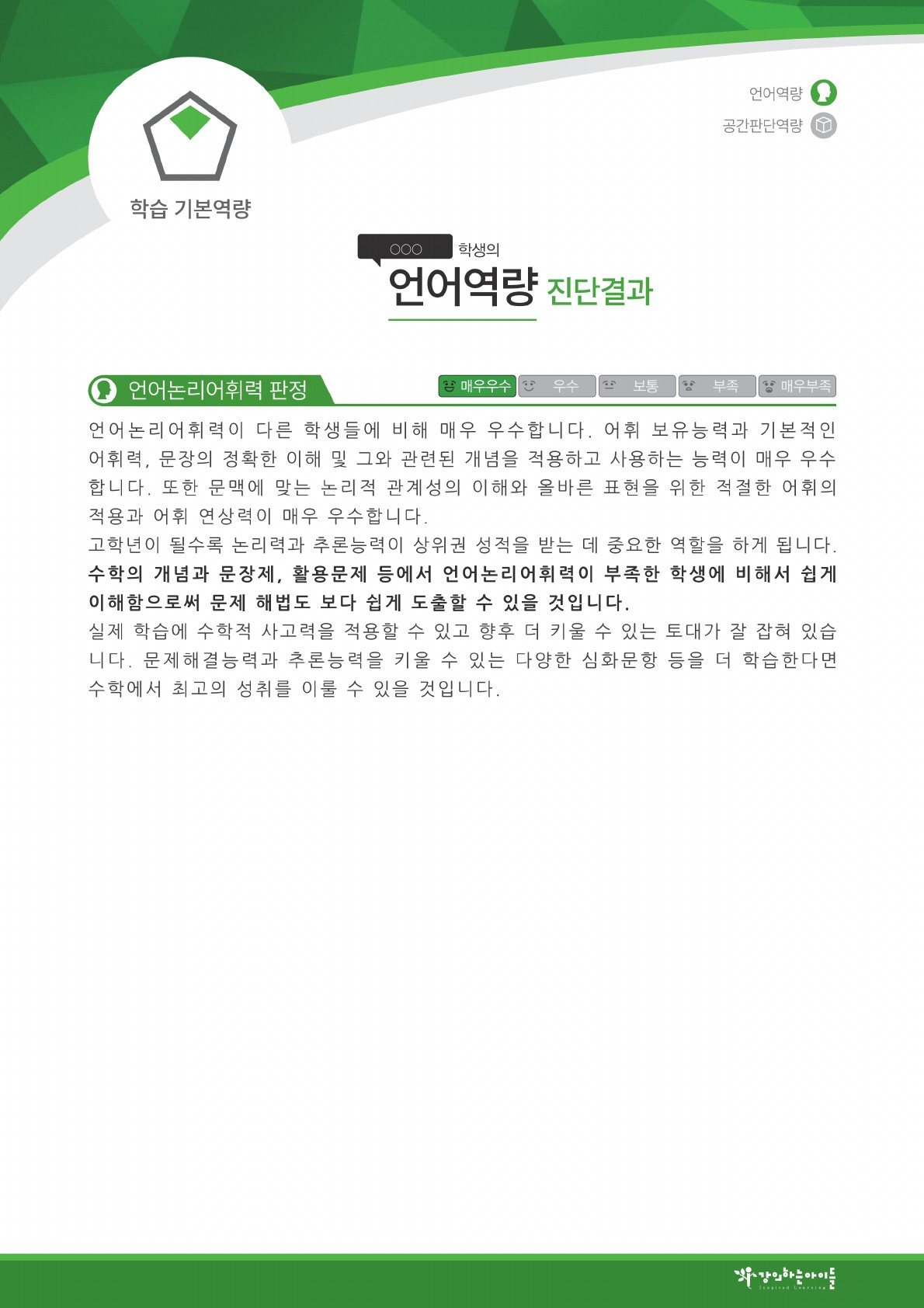 LCAD 진단 보고서 언어역량 예시 — 역량마다 5단계 판정과 해설
