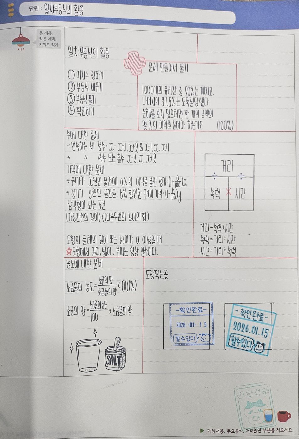 개념노트 실제 사진 — 단원 핵심을 스스로 정리하고, 설명을 마치면 확인 도장